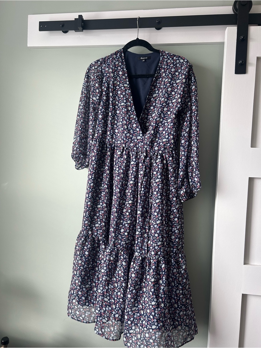 Madewell Tie-Waist Midi‎ Dress in Harvest Vine blue floral, size XS, euc